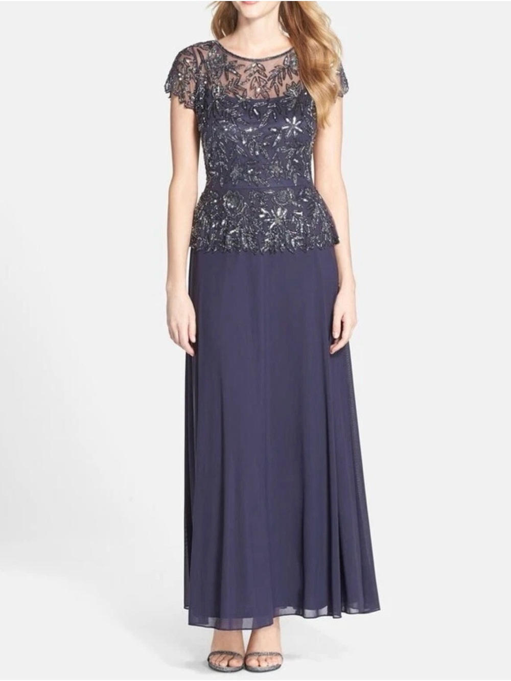 Pisarro Nights Navy Beaded Lace Peplum Maxi Dress